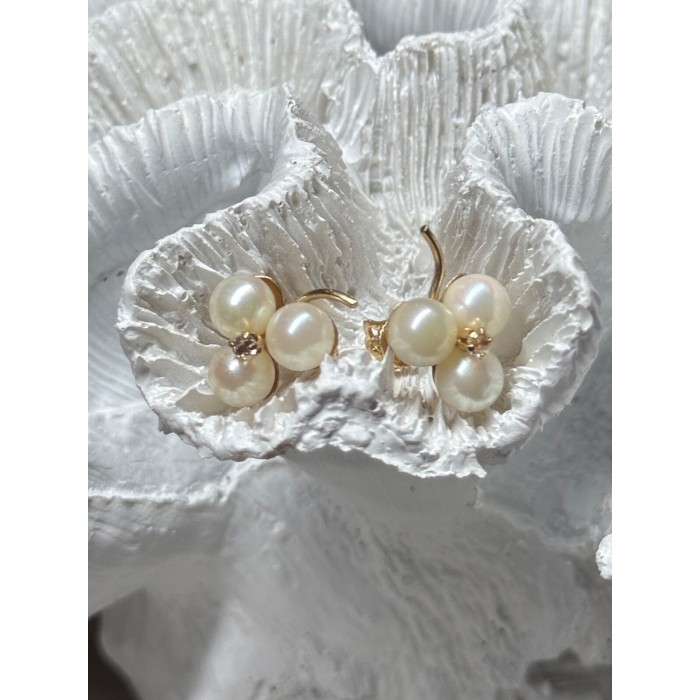 10K YELLOW GOLD PEARLS & DIAMONDS EARRINGS LENGTH 0.5 INCH