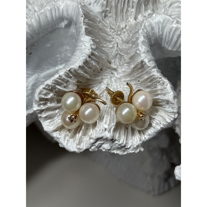 10K YELLOW GOLD PEARLS & DIAMONDS EARRINGS LENGTH 0.5 INCH