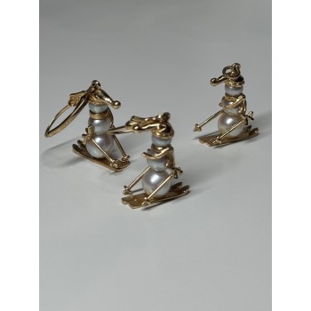 14K YELLOW GOLD PEARLS EARRINGS & PENDANT SKIING SNOWMENS ON SKIS