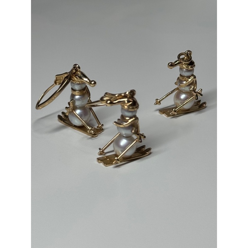 14K YELLOW GOLD PEARLS EARRINGS & PENDANT SKIING SNOWMENS ON SKIS