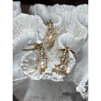 14K YELLOW GOLD PEARLS EARRINGS & PENDANT SKIING SNOWMENS ON SKIS