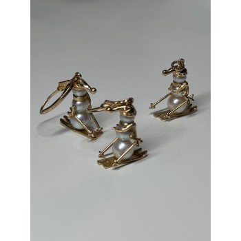 14K YELLOW GOLD PEARLS EARRINGS & PENDANT SKIING SNOWMENS ON SKIS