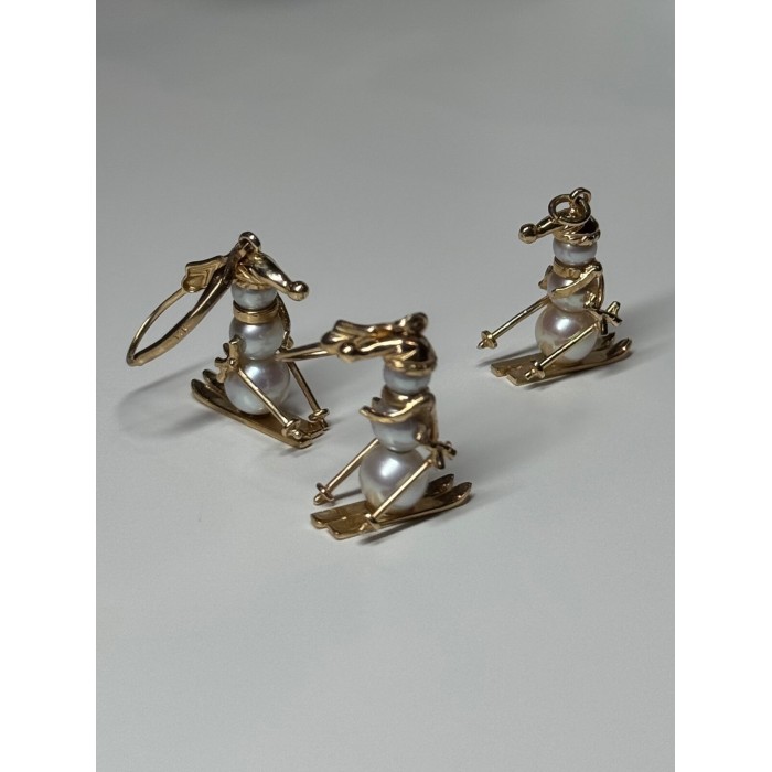14K YELLOW GOLD PEARLS EARRINGS & PENDANT SKIING SNOWMENS ON SKIS