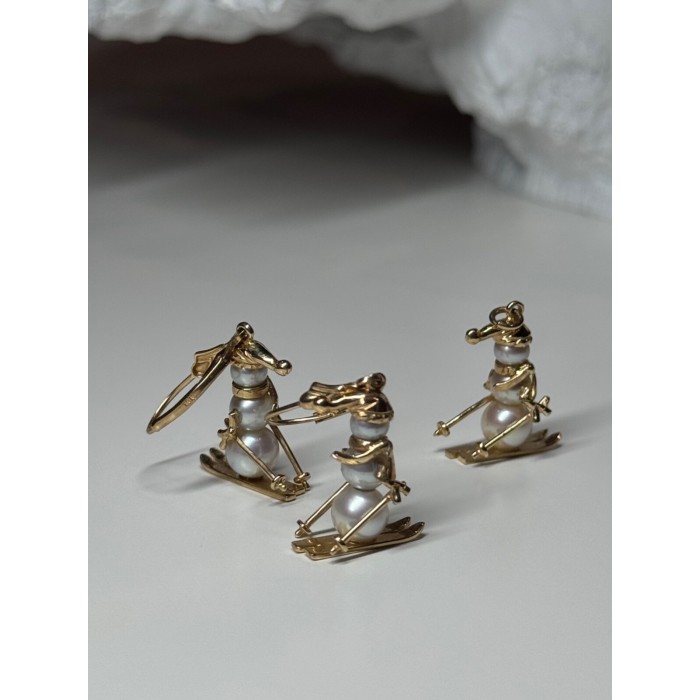 14K YELLOW GOLD PEARLS EARRINGS & PENDANT SKIING SNOWMENS ON SKIS