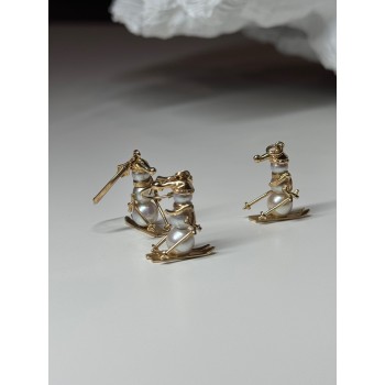 14K YELLOW GOLD PEARLS EARRINGS & PENDANT SKIING SNOWMENS ON SKIS