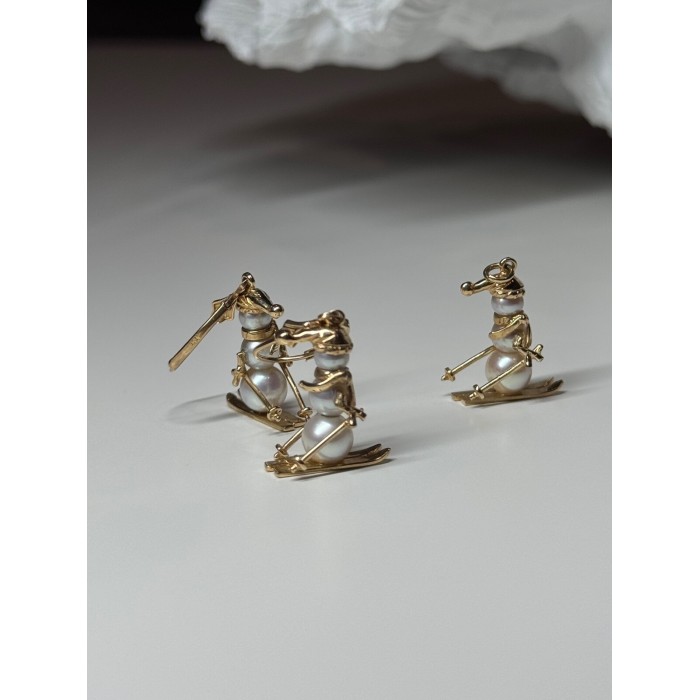 14K YELLOW GOLD PEARLS EARRINGS & PENDANT SKIING SNOWMENS ON SKIS