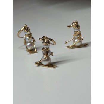 14K YELLOW GOLD PEARLS EARRINGS & PENDANT SKIING SNOWMENS ON SKIS