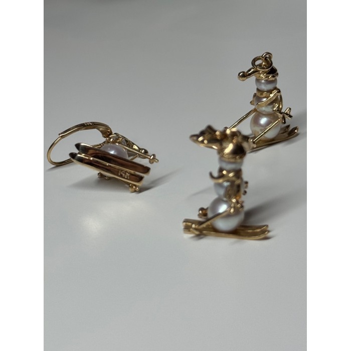 14K YELLOW GOLD PEARLS EARRINGS & PENDANT SKIING SNOWMENS ON SKIS