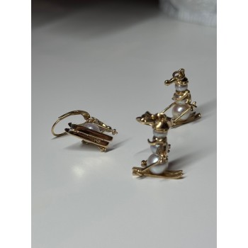 14K YELLOW GOLD PEARLS EARRINGS & PENDANT SKIING SNOWMENS ON SKIS