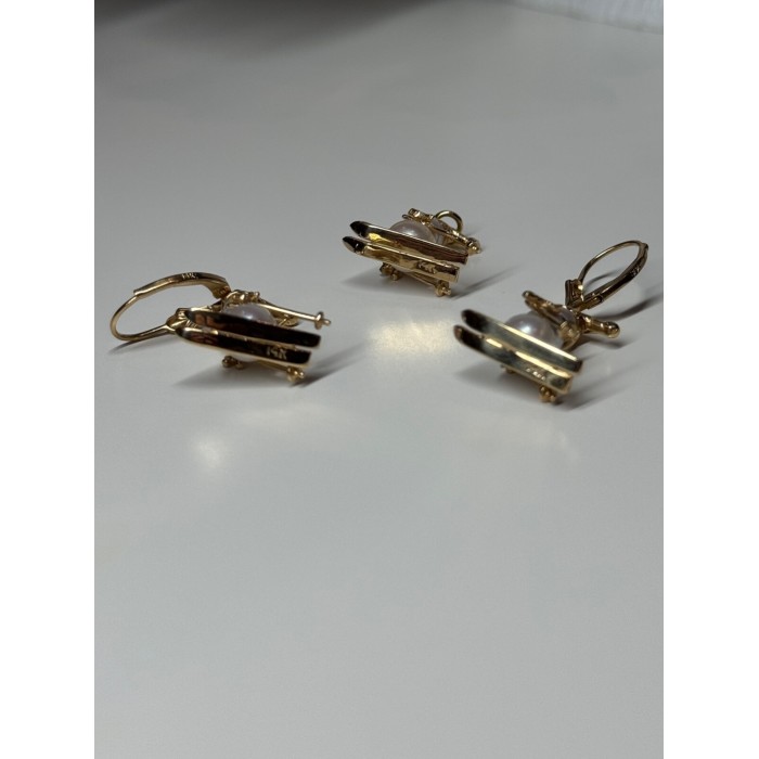 14K YELLOW GOLD PEARLS EARRINGS & PENDANT SKIING SNOWMENS ON SKIS
