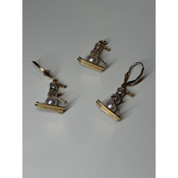 14K YELLOW GOLD PEARLS EARRINGS & PENDANT SKIING SNOWMENS ON SKIS