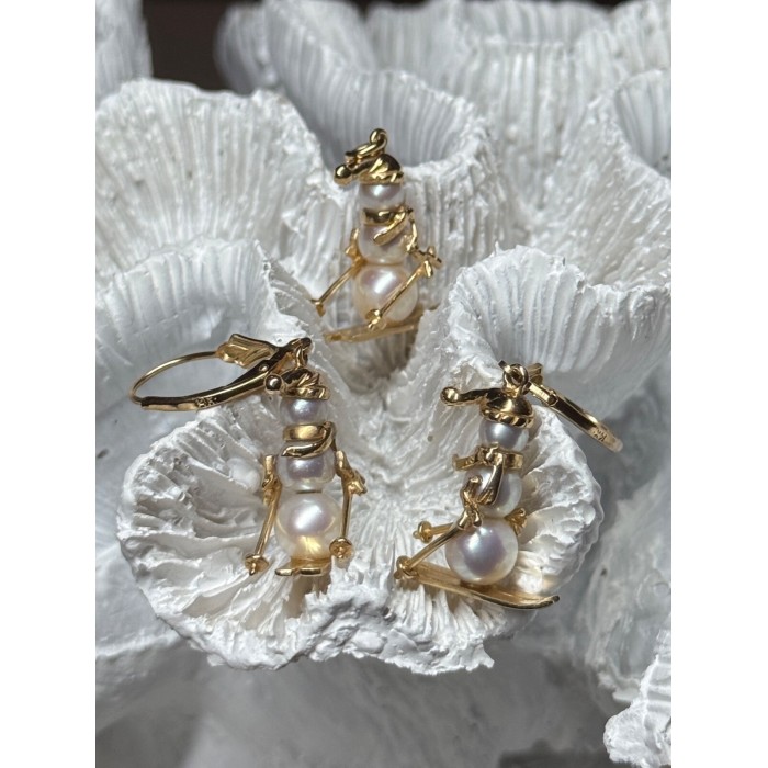 14K YELLOW GOLD PEARLS EARRINGS & PENDANT SKIING SNOWMENS ON SKIS