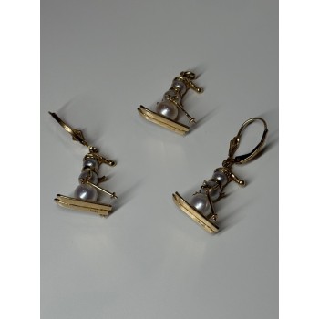 14K YELLOW GOLD PEARLS EARRINGS & PENDANT SKIING SNOWMENS ON SKIS