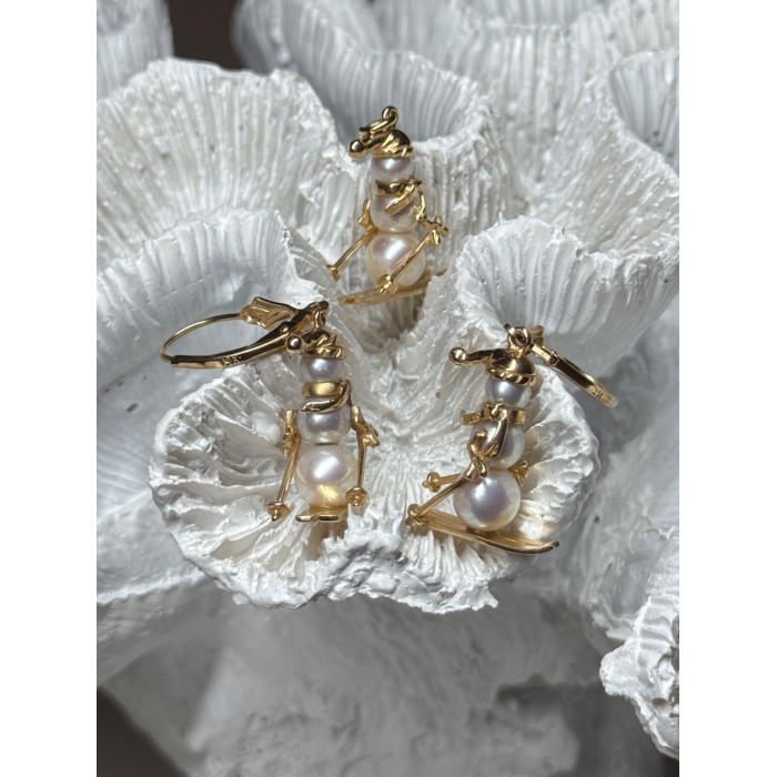 14K YELLOW GOLD PEARLS EARRINGS & PENDANT SKIING SNOWMENS ON SKIS