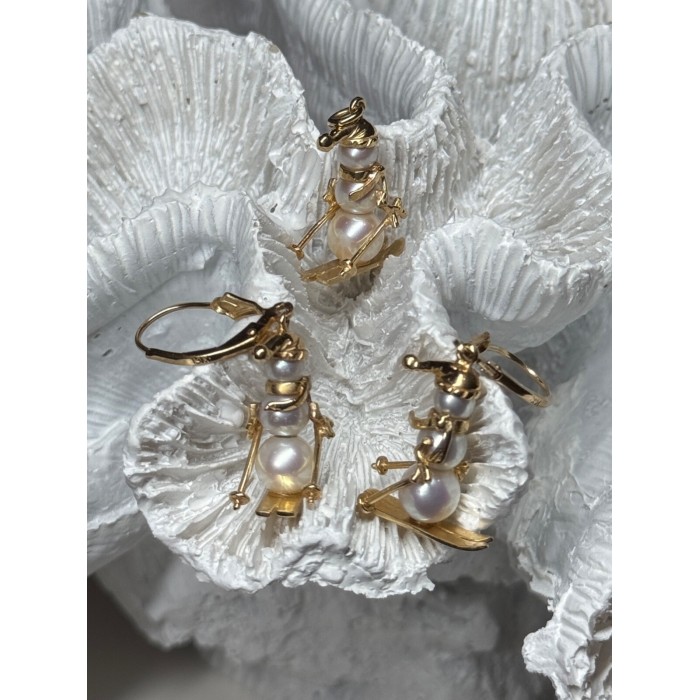 14K YELLOW GOLD PEARLS EARRINGS & PENDANT SKIING SNOWMENS ON SKIS