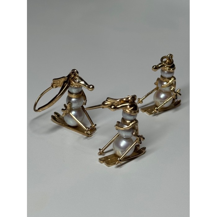 14K YELLOW GOLD PEARLS EARRINGS & PENDANT SKIING SNOWMENS ON SKIS