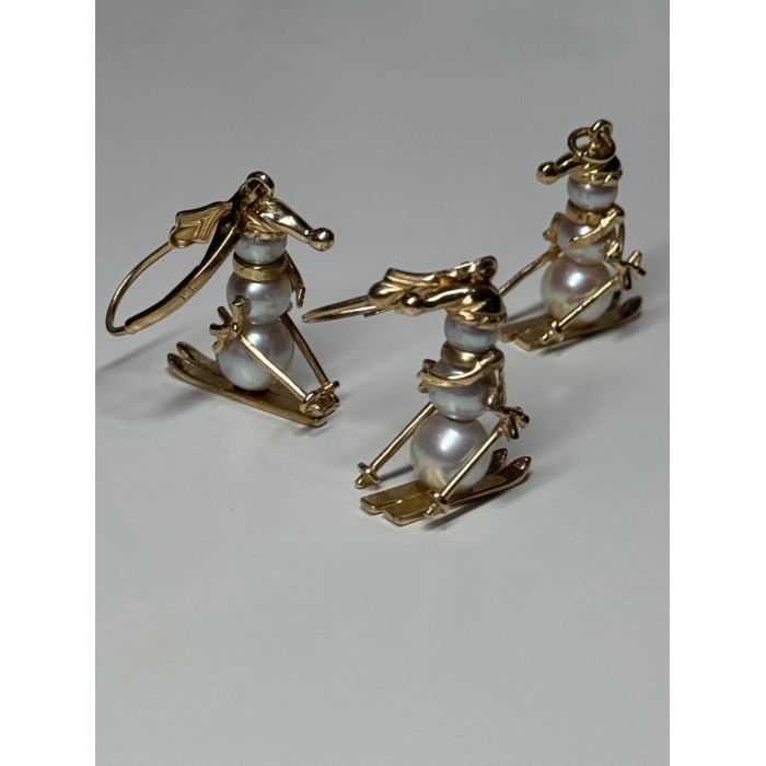 14K YELLOW GOLD PEARLS EARRINGS & PENDANT SKIING SNOWMENS ON SKIS