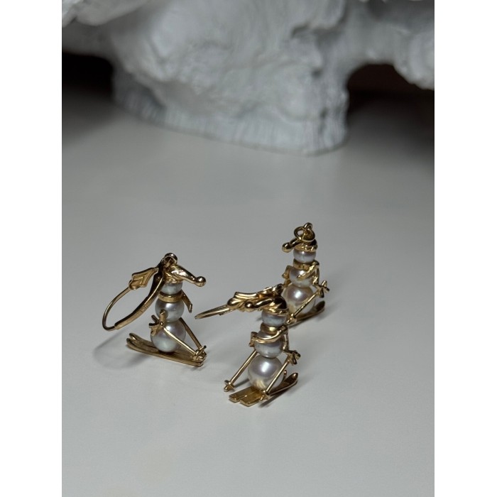 14K YELLOW GOLD PEARLS EARRINGS & PENDANT SKIING SNOWMENS ON SKIS