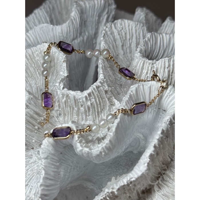 14K YELLOW GOLD AMETHYST & PEARLS BRACELET LENGTH 7