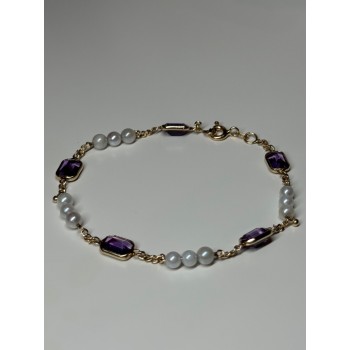 14K YELLOW GOLD AMETHYST & PEARLS BRACELET LENGTH 7