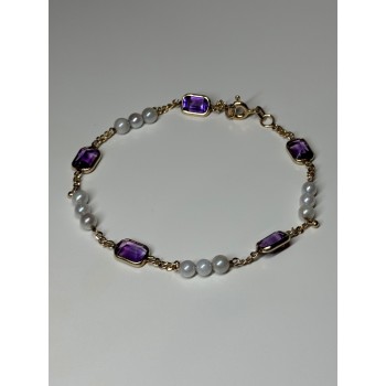 14K YELLOW GOLD AMETHYST & PEARLS BRACELET LENGTH 7