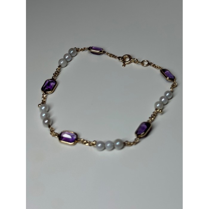 14K YELLOW GOLD AMETHYST & PEARLS BRACELET LENGTH 7