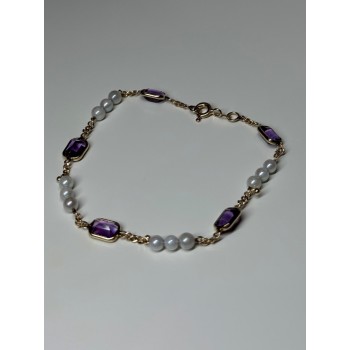 14K YELLOW GOLD AMETHYST & PEARLS BRACELET LENGTH 7