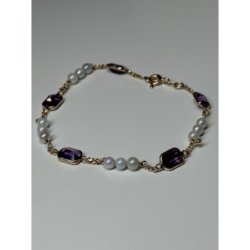 14K YELLOW GOLD AMETHYST & PEARLS BRACELET LENGTH 7