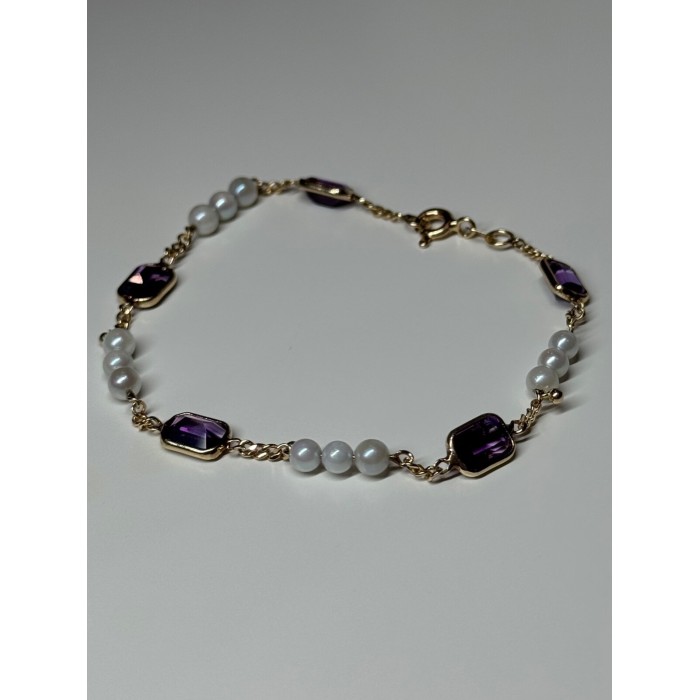 14K YELLOW GOLD AMETHYST & PEARLS BRACELET LENGTH 7