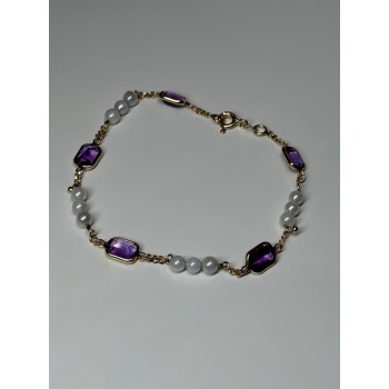 14K YELLOW GOLD AMETHYST & PEARLS BRACELET LENGTH 7