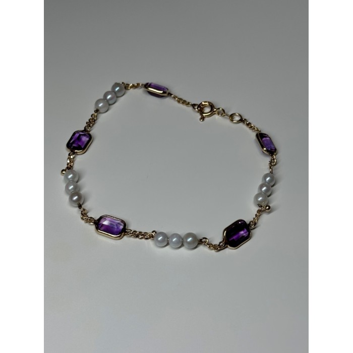 14K YELLOW GOLD AMETHYST & PEARLS BRACELET LENGTH 7
