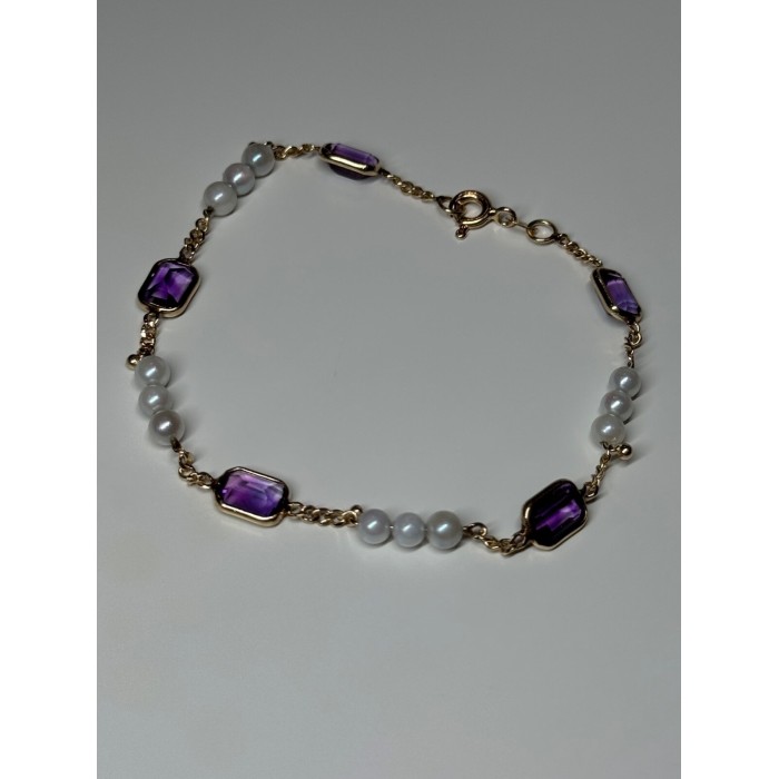 14K YELLOW GOLD AMETHYST & PEARLS BRACELET LENGTH 7