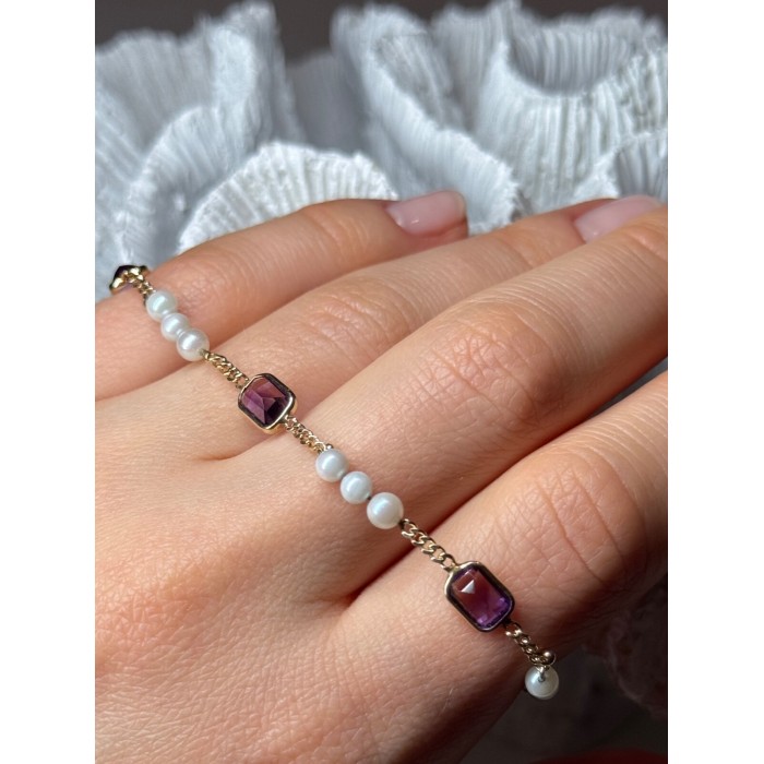 14K YELLOW GOLD AMETHYST & PEARLS BRACELET LENGTH 7