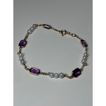 14K YELLOW GOLD AMETHYST & PEARLS BRACELET LENGTH 7