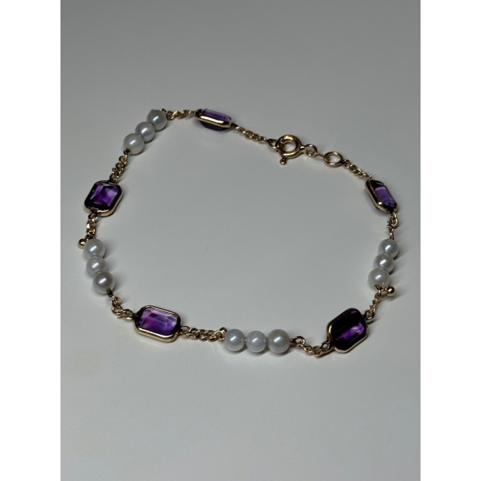 14K YELLOW GOLD AMETHYST & PEARLS BRACELET LENGTH 7