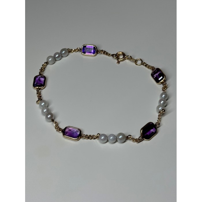 14K YELLOW GOLD AMETHYST & PEARLS BRACELET LENGTH 7