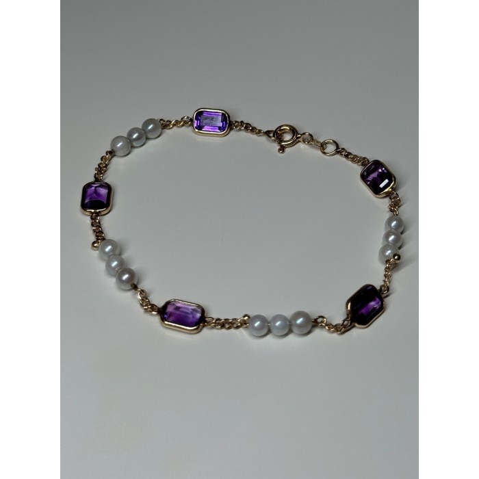 14K YELLOW GOLD AMETHYST & PEARLS BRACELET LENGTH 7
