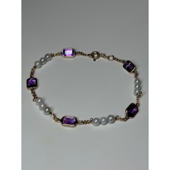 14K YELLOW GOLD AMETHYST & PEARLS BRACELET LENGTH 7