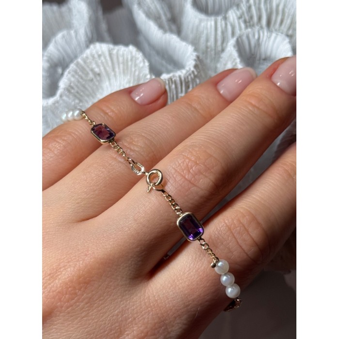 14K YELLOW GOLD AMETHYST & PEARLS BRACELET LENGTH 7