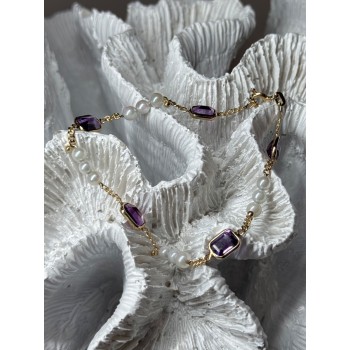 14K YELLOW GOLD AMETHYST & PEARLS BRACELET LENGTH 7