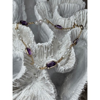 14K YELLOW GOLD AMETHYST & PEARLS BRACELET LENGTH 7