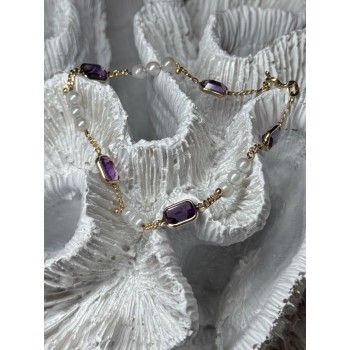 14K YELLOW GOLD AMETHYST & PEARLS BRACELET LENGTH 7