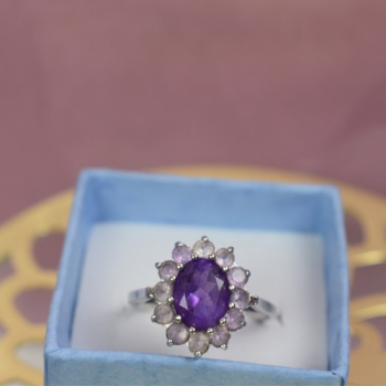 925 Sterling Silver Amethyst & Morganite Ring Size 8