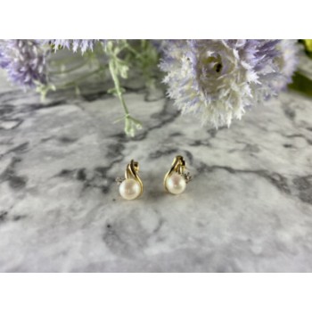 14K YELLOW GOLD PEARL & DIAMONDS EARRINGS