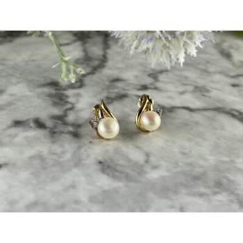 14K YELLOW GOLD PEARL & DIAMONDS EARRINGS