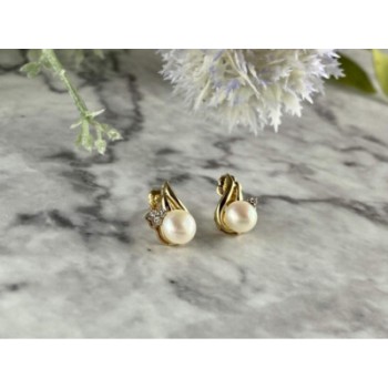 14K YELLOW GOLD PEARL & DIAMONDS EARRINGS
