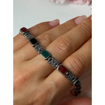 925 Sterling Silver Nephrite & Marcasite Bracelet Length 7.5 Inch