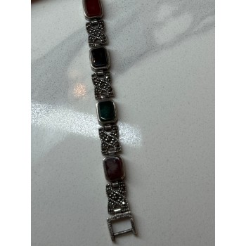 925 Sterling Silver Nephrite & Marcasite Bracelet Length 7.5 Inch