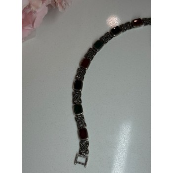 925 Sterling Silver Nephrite & Marcasite Bracelet Length 7.5 Inch