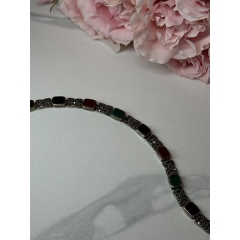 925 Sterling Silver Nephrite & Marcasite Bracelet Length 7.5 Inch